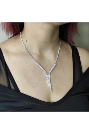 Abiye Set Suyolu Tek Sıradan Iki Sıraya Kolye, Su Yolu Bileklik, Küpe Zirkon Gümüş 42-46 Cm