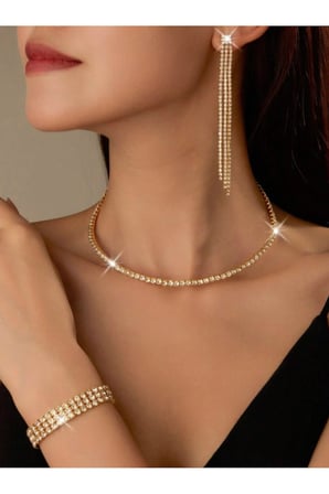 Kadın Gold Tasarım Şık Zirkon Taşlı Su Yolu Tek Sıra Kolye 3 Sıra Bileklik ve Küpe Takım Seti