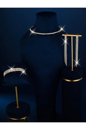 Kadın Gold Tasarım Şık Zirkon Taşlı Su Yolu Tek Sıra Kolye 3 Sıra Bileklik ve Küpe Takım Seti