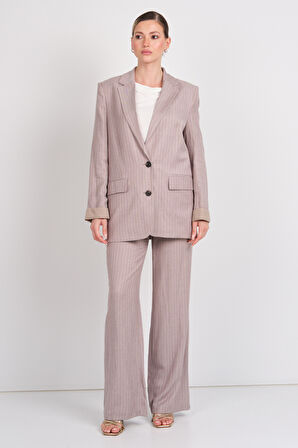 Ayhan Kadın Çizgili Düğmeli Keten Ceket 0860 Kahverengi