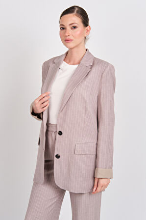 Ayhan Kadın Çizgili Düğmeli Keten Ceket 0860 Kahverengi