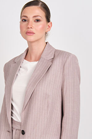 Ayhan Kadın Çizgili Düğmeli Keten Ceket 0860 Kahverengi