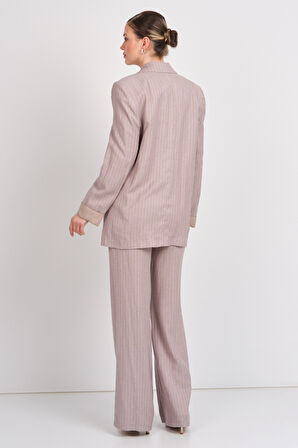 Ayhan Kadın Çizgili Düğmeli Keten Ceket 0860 Kahverengi