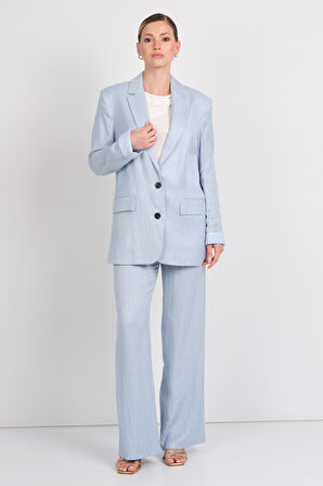 Ayhan Kadın Çizgili Düğmeli Keten Ceket 0860 Mavi