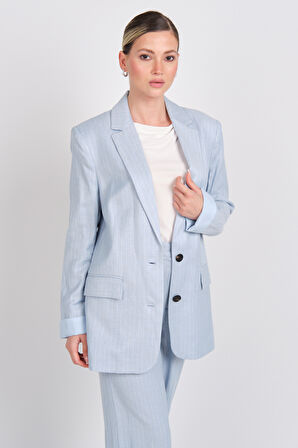 Ayhan Kadın Çizgili Düğmeli Keten Ceket 0860 Mavi