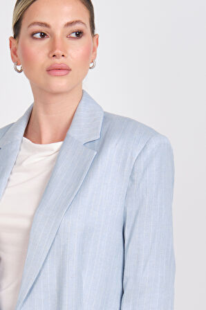 Ayhan Kadın Çizgili Düğmeli Keten Ceket 0860 Mavi