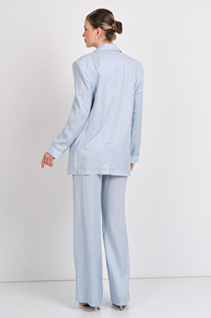 Ayhan Kadın Çizgili Düğmeli Keten Ceket 0860 Mavi