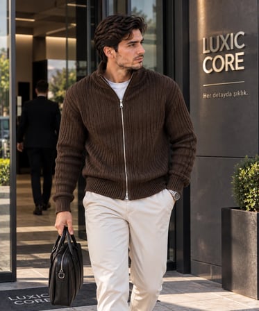 LUXIC CORE Erkek Fermuarlı Triko Hırka Dik Yaka Şık ve Rahat Günlük Kazak