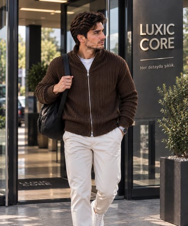 LUXIC CORE Erkek Fermuarlı Triko Hırka Dik Yaka Şık ve Rahat Günlük Kazak