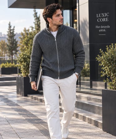 LUXIC CORE Erkek Fermuarlı Triko Hırka Dik Yaka Şık ve Rahat Günlük Kazak