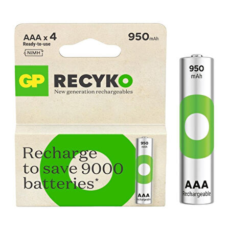 Gp Recyko 950 mAh AAA 4'lü Şarjlı İnce Kalem Pil GP100AAAHCE-2EB4 GPRHC103E001