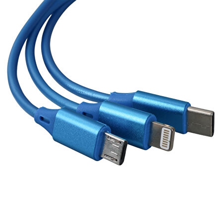 Ayt Powermaster 3 İn 1 Mavi Şarj Data Kablosu Makaralı Type-c Micro Lightning İphone Şarj Kablo