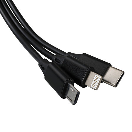 Ayt Powermaster 3 İn 1 Siyah Şarj Data Kablosu Makaralı Type-c Micro Lightning İphone Şarj Kablo