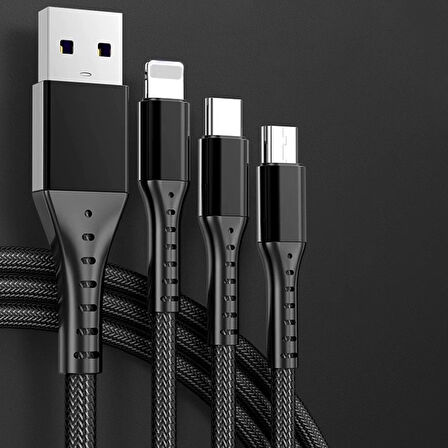 Ayt Powermaster 3 İn 1 Siyah 1.2 Metre Type-c Micro Lightning İphone Şarj Data Kablosu