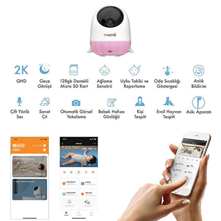 Ayt Whome Yapay Zeka Destekli 360 Derece Dönebilen Gece Görüşlü Pembe Wifi Bebek Güvenlik Kamerası 32 Gb Destekli