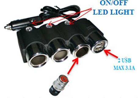 Ayt Olesson 1508 12-24V 3Lü Çift Usbli 120W 80 Cm Kablolu Araç Oto Tır Çakmak Çoklayıcı Çakmaklık Çoğaltıcı
