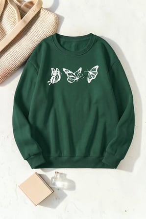 Unisex Uçan Kelebekler Baskılı Bisiklet Yaka Sweatshirt