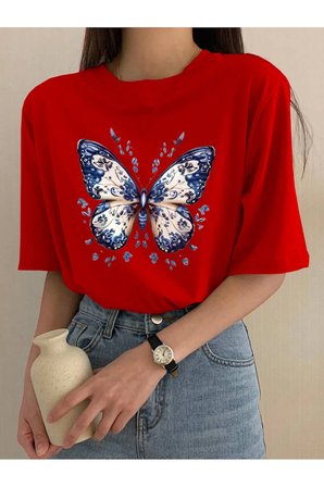 Unisex Desenli Kelebek Baskılı Tasarım Tshirt