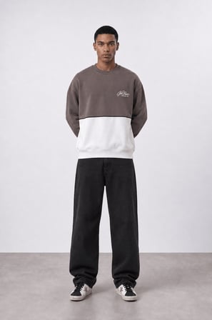 Erkek Not Basic Project Nakışlı Oversize Sweatshirt Kahve
