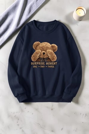 Unisex Surprıse Ayı Baskılı Bisiklet Yaka Sweatshirt