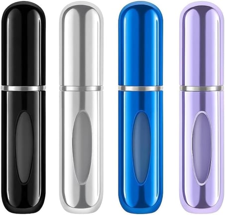 Mini Doldurulabilir Parfüm Şişesi – Taşınabilir Seyahat Boy Atomizer Cep Sprey Seti, Pompalı Dolum Kabı, Kompakt, Sızdırmaz ve Dayanıklı Tasarım (Modern, 4 Adet-Siyah, Gümüş, Lacivert, Lila)