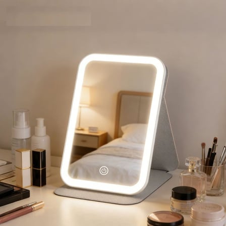 LED Işıklı Katlanabilir Makyaj Aynası - 3 Renk Işık Modlu, Dokunmatik ve Ayarlanabilir Parlaklık (Kısılabilir) - Kılıflı Taşınabilir Seyahat Boy - Masaüstü Kozmetik Aynası