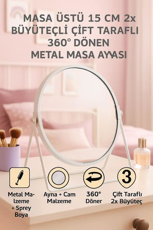 Masa üstü 15 cm 2x Büyüteçli Çift Taraflı 360°Dönen Metal Masa Aynası mt167by