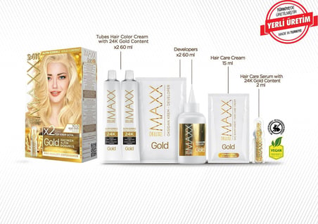 Gold serisi 24K Altın Parçacıklı Serum ile 1 Kutu 2 x 50 ml ve Geliştiriciler Saç Boyası (SEDEF SARISI 10.0)
