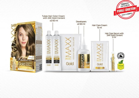 Gold serisi 24K Altın Parçacıklı Serum ile 1 Kutu 2 x 50 ml ve Geliştiriciler Saç Boyası (FINDIK KABUĞU 7.3)