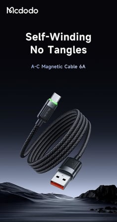 Ca-5650 1.2M Usb-A To Usb-C 6A Siyah Sarilabilir Manyetik Kablo