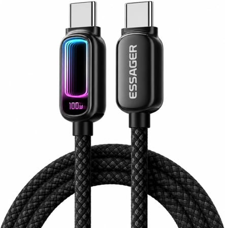 2 Metre 100W Type-C to Type-C PD Hızlı Şarj Kablosu 5A E-Marker RGB Işıklı 480Mbps Örgülü Siyah