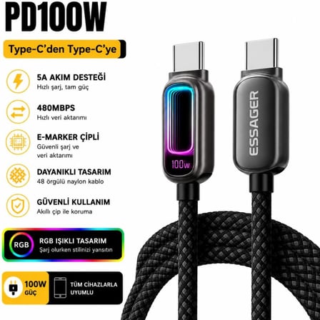 2 Metre 100W Type-C to Type-C PD Hızlı Şarj Kablosu 5A E-Marker RGB Işıklı 480Mbps Örgülü Siyah