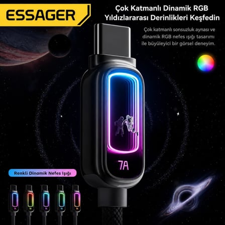 2 Metre 100W Type-C to Type-C PD Hızlı Şarj Kablosu 5A E-Marker RGB Işıklı 480Mbps Örgülü Siyah