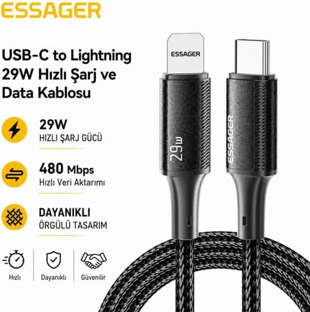 29W USB-C to Lightning Hızlı Şarj ve Data Kablosu 1 Metre iPhone Uyumlu 480Mbps Örgülü