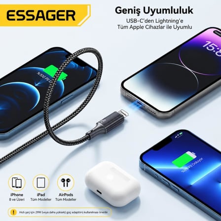 29W USB-C to Lightning Hızlı Şarj ve Data Kablosu 1 Metre iPhone Uyumlu 480Mbps Örgülü