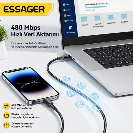 29W USB-C to Lightning Hızlı Şarj ve Data Kablosu 1 Metre iPhone Uyumlu 480Mbps Örgülü
