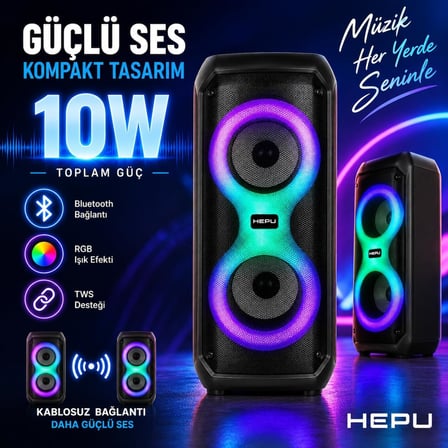 HP-MS04 Taşınabilir Bluetooth Hoparlör – 10W Güç Dahili Şarj Edilebilir Batarya LED Işık Efektli Kablosuz Speaker
