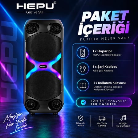 HP-MS06 Taşınabilir Kablosuz Bluetooth Hoparlör – 10W Ses Gücü Dahili Şarj Edilebilir Bataryalı Renkli LED Işık Efektli DC 5V Şarjlı Portable Speaker