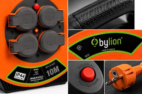 Makaralı Uzatma Kablosu, 4 Prizli, IP44, Dış Mekan Uzatma Kablosu, Termal Koruma, Güç Gösterge Işığı, 16A, 250V, Bahçe, Atölye, Şantiye Ev Kullanımı, Profesyonel Kalite (3x1,5 mm²/10 m) (Kapaklı)