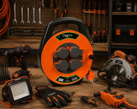 Makaralı Uzatma Kablosu, 4 Prizli, IP44, Dış Mekan Uzatma Kablosu, Termal Koruma, Güç Gösterge Işığı, 16A, 250V, Bahçe, Atölye, Şantiye Ev Kullanımı, Profesyonel Kalite (3x1,5 mm²/10 m) (Kapaklı)