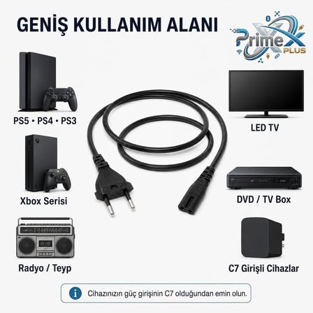 PrimeX PX-TYP18 1.8 Metre Original C7 Euro Teyip Power Kablosu, 2 Pin Sekiz Tip TV Güç Kablosu, PS5 PS4 PS3 Xbox Series LED TV Radyo Teyp DVD TV Box ve C7 Girişli Cihazlar İçin Full Bakır Power Kablo
