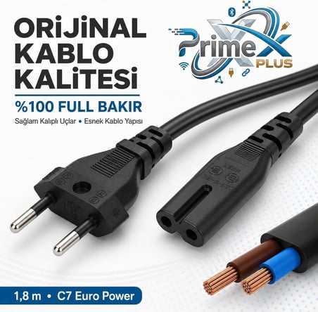 PrimeX PX-TYP18 1.8 Metre Original C7 Euro Teyip Power Kablosu, 2 Pin Sekiz Tip TV Güç Kablosu, PS5 PS4 PS3 Xbox Series LED TV Radyo Teyp DVD TV Box ve C7 Girişli Cihazlar İçin Full Bakır Power Kablo