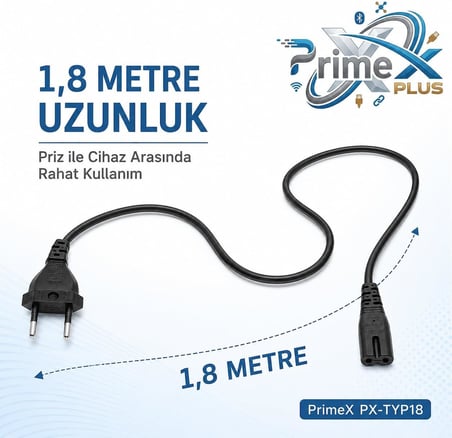 PrimeX PX-TYP18 1.8 Metre Original C7 Euro Teyip Power Kablosu, 2 Pin Sekiz Tip TV Güç Kablosu, PS5 PS4 PS3 Xbox Series LED TV Radyo Teyp DVD TV Box ve C7 Girişli Cihazlar İçin Full Bakır Power Kablo