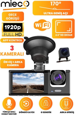 1s Wifi/1920p Fhd/170° Ultra Geniş Açı/gece Görüşü Ve G-sensörü/ 3 Kameralı Araç Kamerası (2025)
