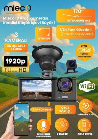 1s Wifi/1920p Fhd/170° Ultra Geniş Açı/gece Görüşü Ve G-sensörü/ 3 Kameralı Araç Kamerası (2025)