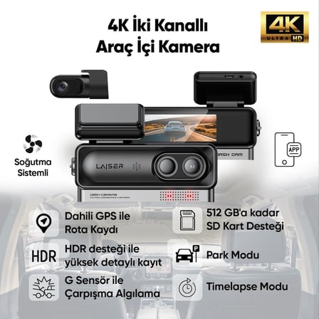 Alpha 1 4K Araç İçi Kamera 2 Kanallı | Sony IMX678 | GPS + Wi-Fi + Park Modu | Ön-Arka