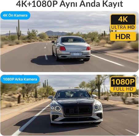 D7 2 Kameralı Ön ve Arka 4K+1080P HDR Wi-Fi 6 ve GPS'li Araç Kamerası