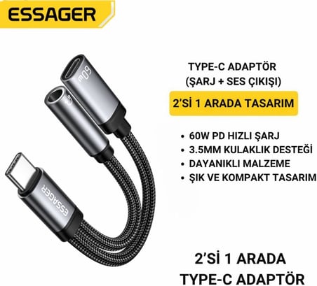 60W Şarj 2in1 Type-C to Aux Dönüştürücü Çevirici Hızlı Şarj +3.5mm Kulaklık Çıkışı, Hifi Ses ve Hızlı Şarj Adaptörü