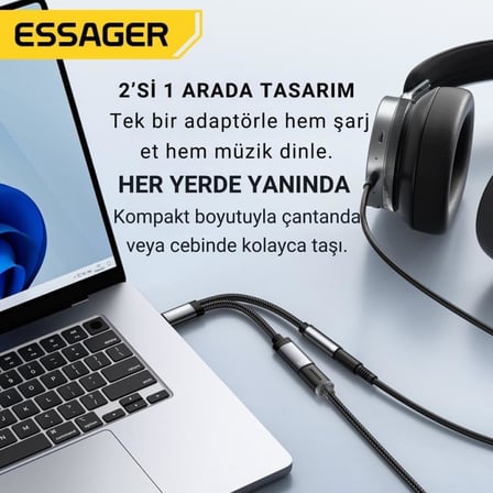 60W Şarj 2in1 Type-C to Aux Dönüştürücü Çevirici Hızlı Şarj +3.5mm Kulaklık Çıkışı, Hifi Ses ve Hızlı Şarj Adaptörü