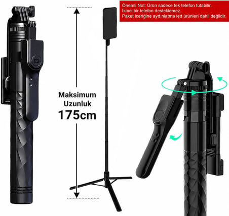 Bluetooth Selfie Çubuğu ve Tripod, 360° Dönebilen Telefon Tutucu, Uzaktan Kumandalı, Maksimum 175cm, Katlanabilir Vlog Canlı Yayın Fotoğraf Video Çekim Standı | K28P